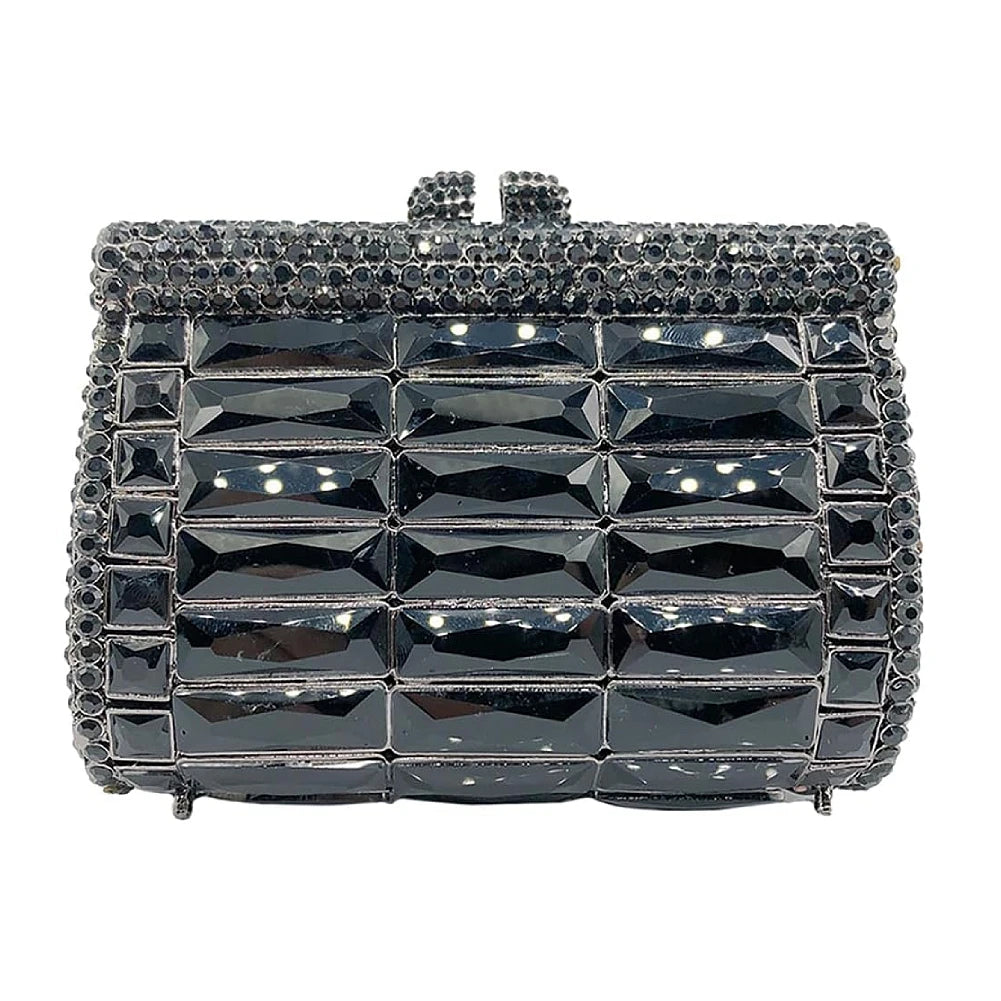 Black crystal evening clutch bag with geometric rhinestone diamond design and sparkling beaded frame for weddings.