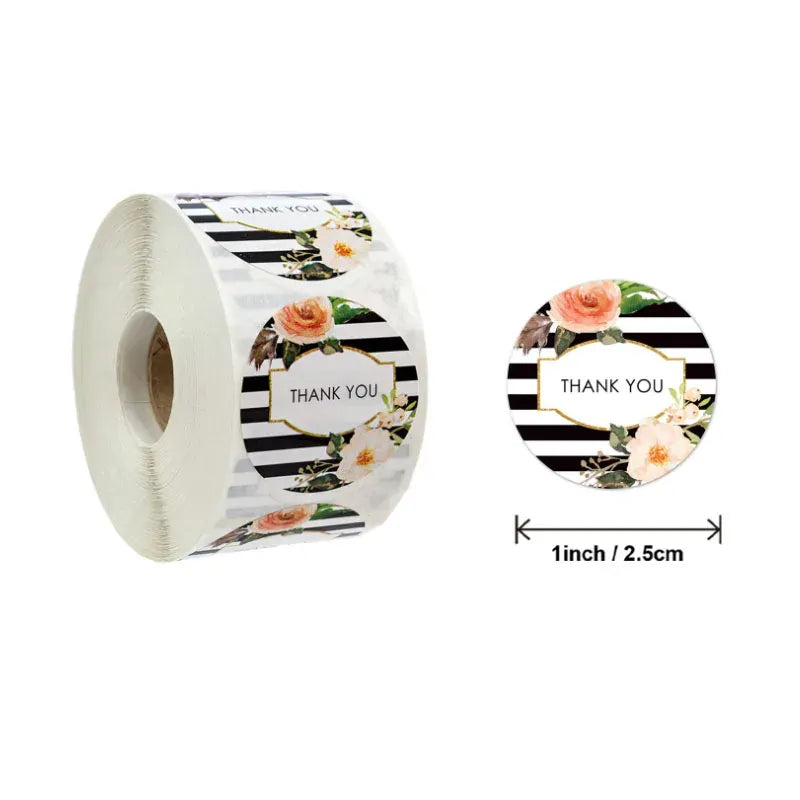 Roll of round thank you stickers with roses and black-and-white striped accents