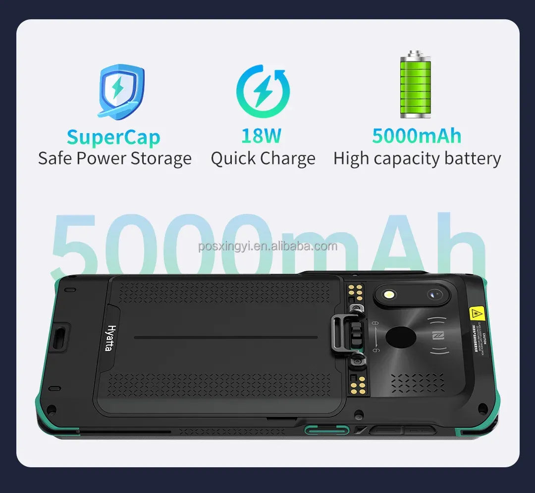 Rugged handheld scanner PDA back with charging icons and 5000mAh battery capacity graphic.
