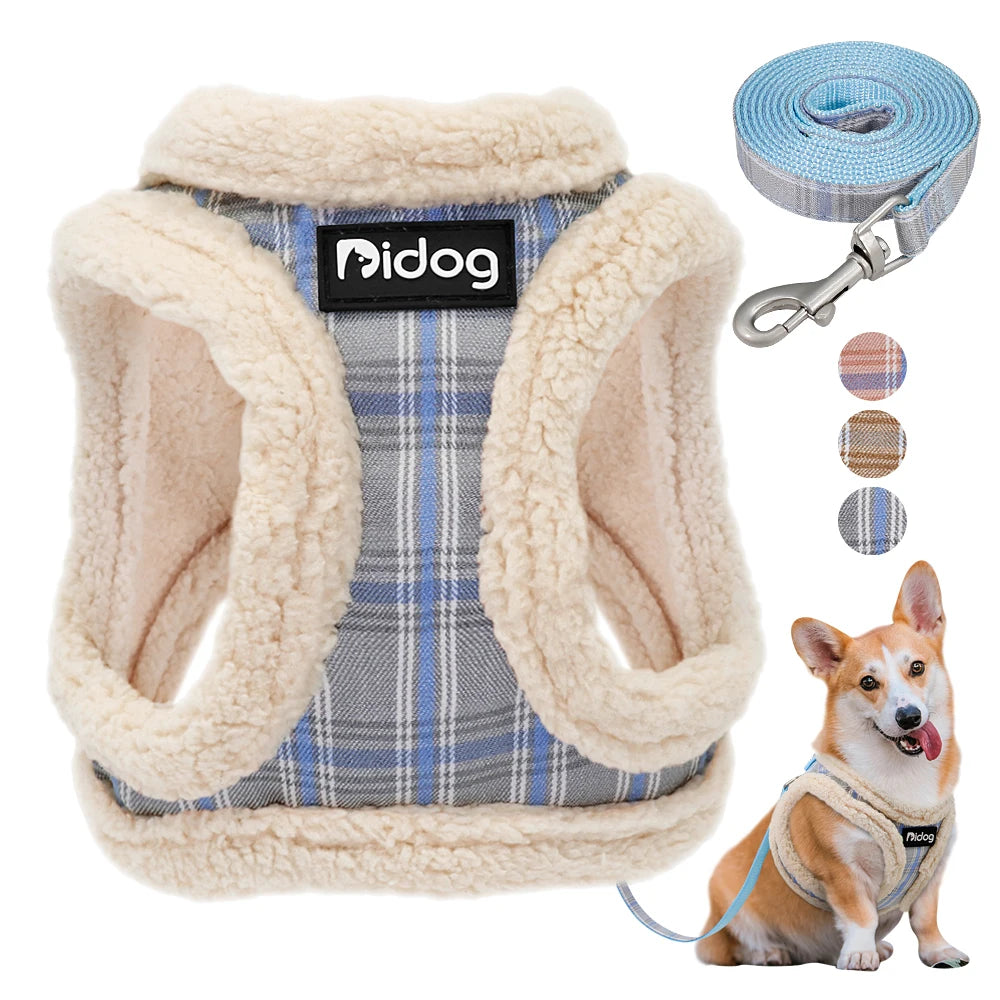 Soft, warm plaid winter dog harness and leash set for small dogs. No-pull adjustable vest keeps pets cozy and secure.
