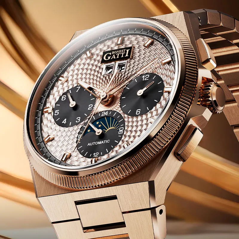 BONEST GATTI Automatic Mechanical Skeleton Watch Stainless Steel Waterproof 50m Luminous Calendar for Minimalist Business Men