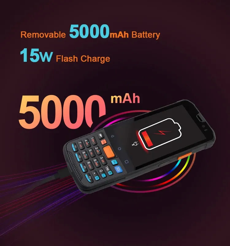 Black rugged Android PDA angled view with bright touchscreen and keypad