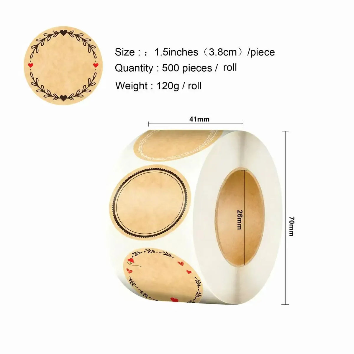 Kraft paper roll label stickers, round kraft designs and roll presentation