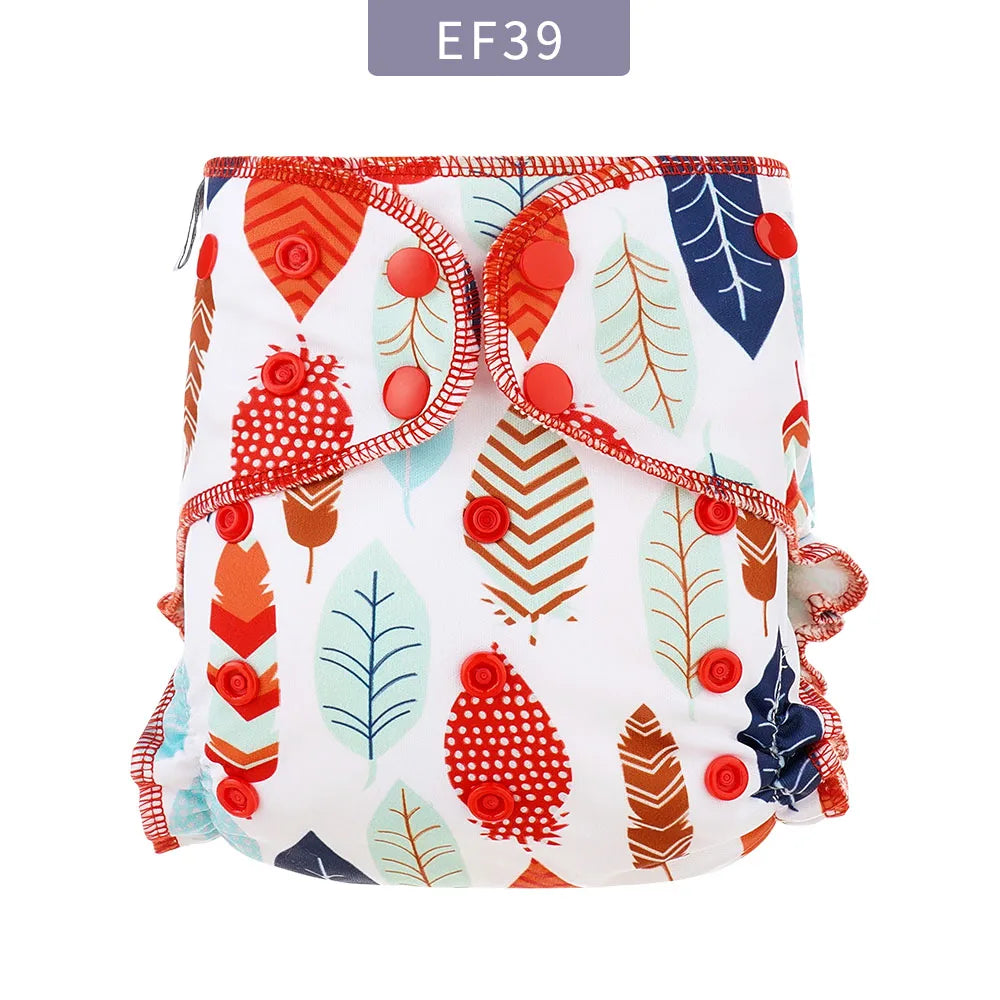 Reusable cloth diaper with colorful feather pattern, adjustable snap closures, baby care essential.