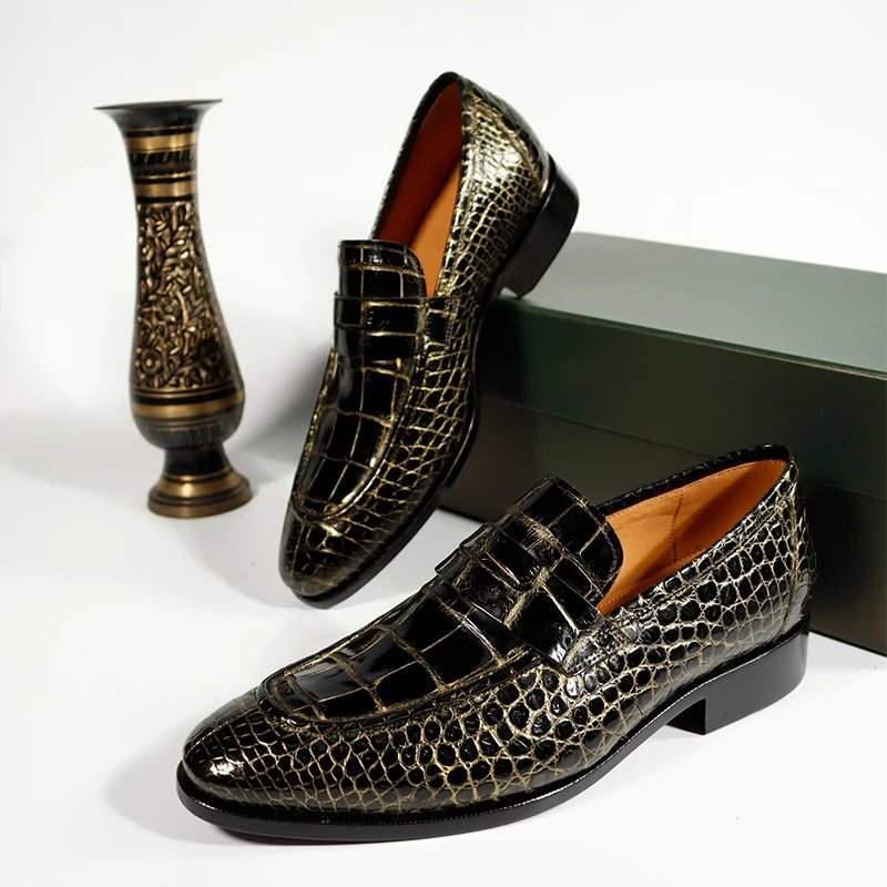 Trendy Genuine Crocodile Leather Shoes Black Gold Loafers Men Wedding Party Footwear Casual Shoes Slip-on Men's Dress Shoes