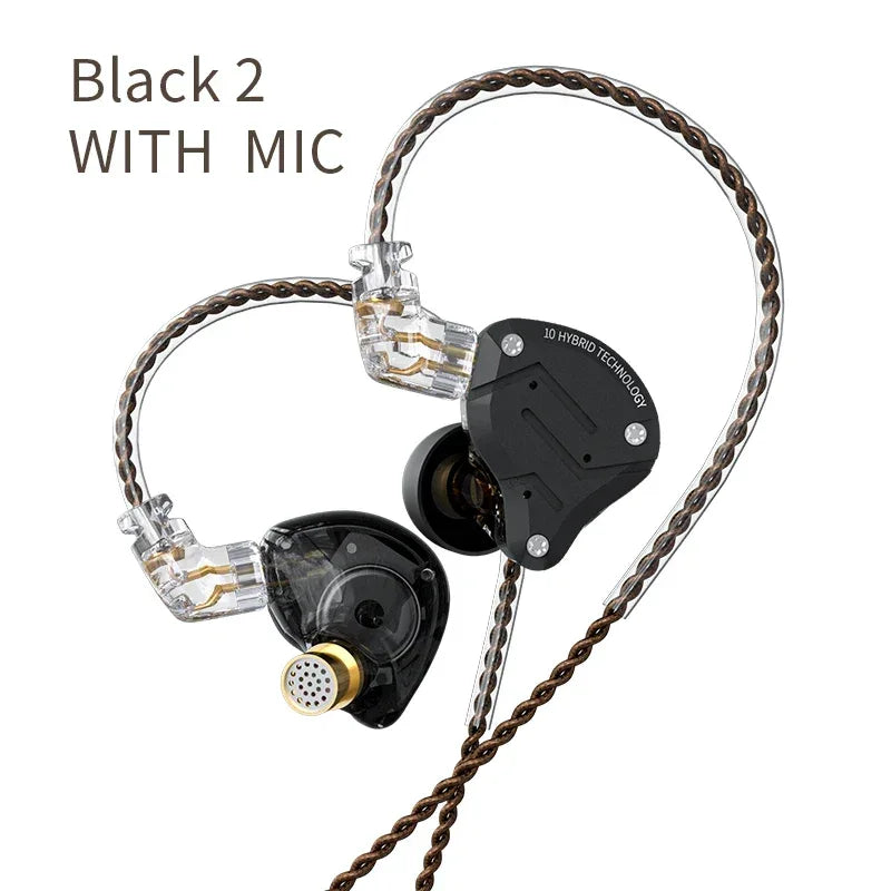 KZ ZS10 Pro 5-Driver Hybrid Hi-Fi In-Ear Monitors by Tidesmit Pure Black Mic Tidesmit