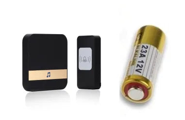Black wireless doorbell chime receiver with key fob transmitter and battery cylinder