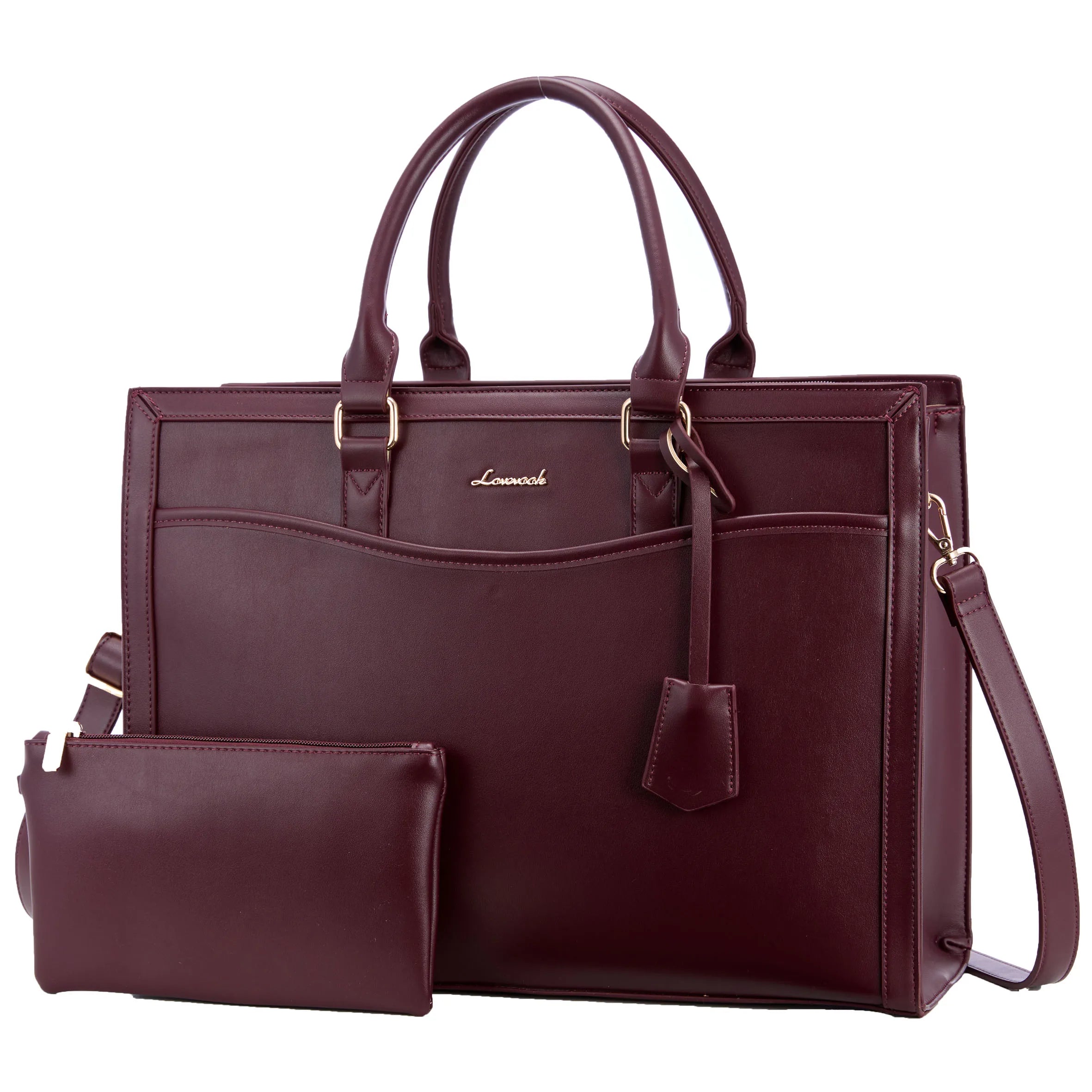 Burgundy designer laptop tote bag for women, faux leather, spacious 17-inch office handbag with matching pouch.