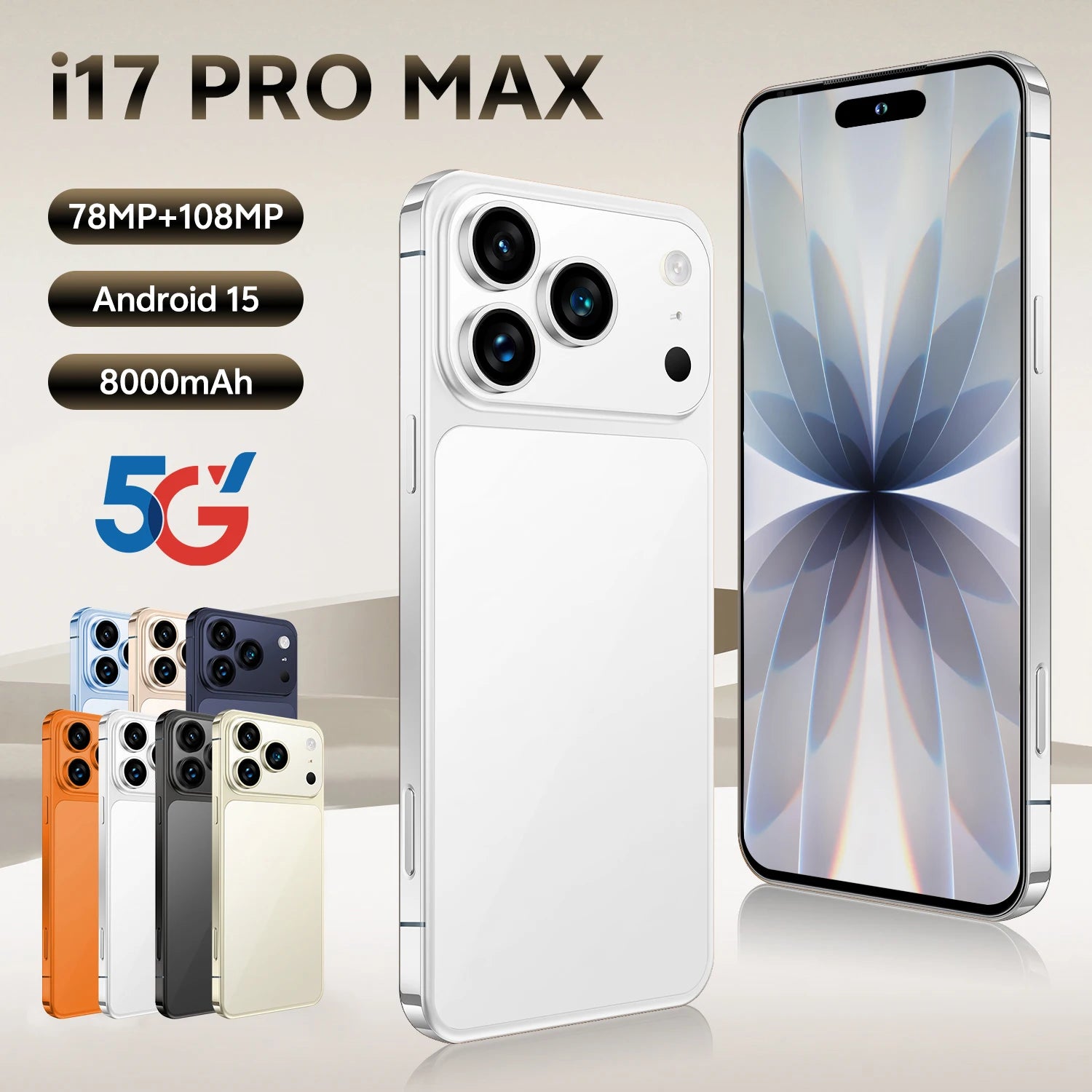 I17 Pro Max 7.3 inch smartphone with 16GB RAM, 1TB storage, 108MP camera, and 8000mAh battery in French layout