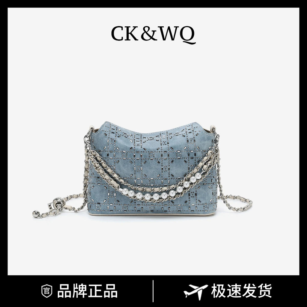 Luxury Rhinestone Grid Designer Bags Women Crossbody Bag Soft Denim Texture Adjustable Ball Chain Hobo Handbags for Party