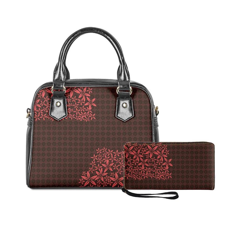 Polynesian tribal black and red floral print shoulder handbag and matching clutch wallet set with leather trim.