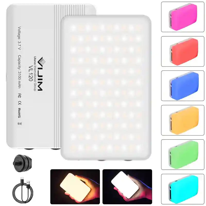 VL120 rectangular LED panel light with matte white casing, grid of LEDs, charging cable, and various colored covers.