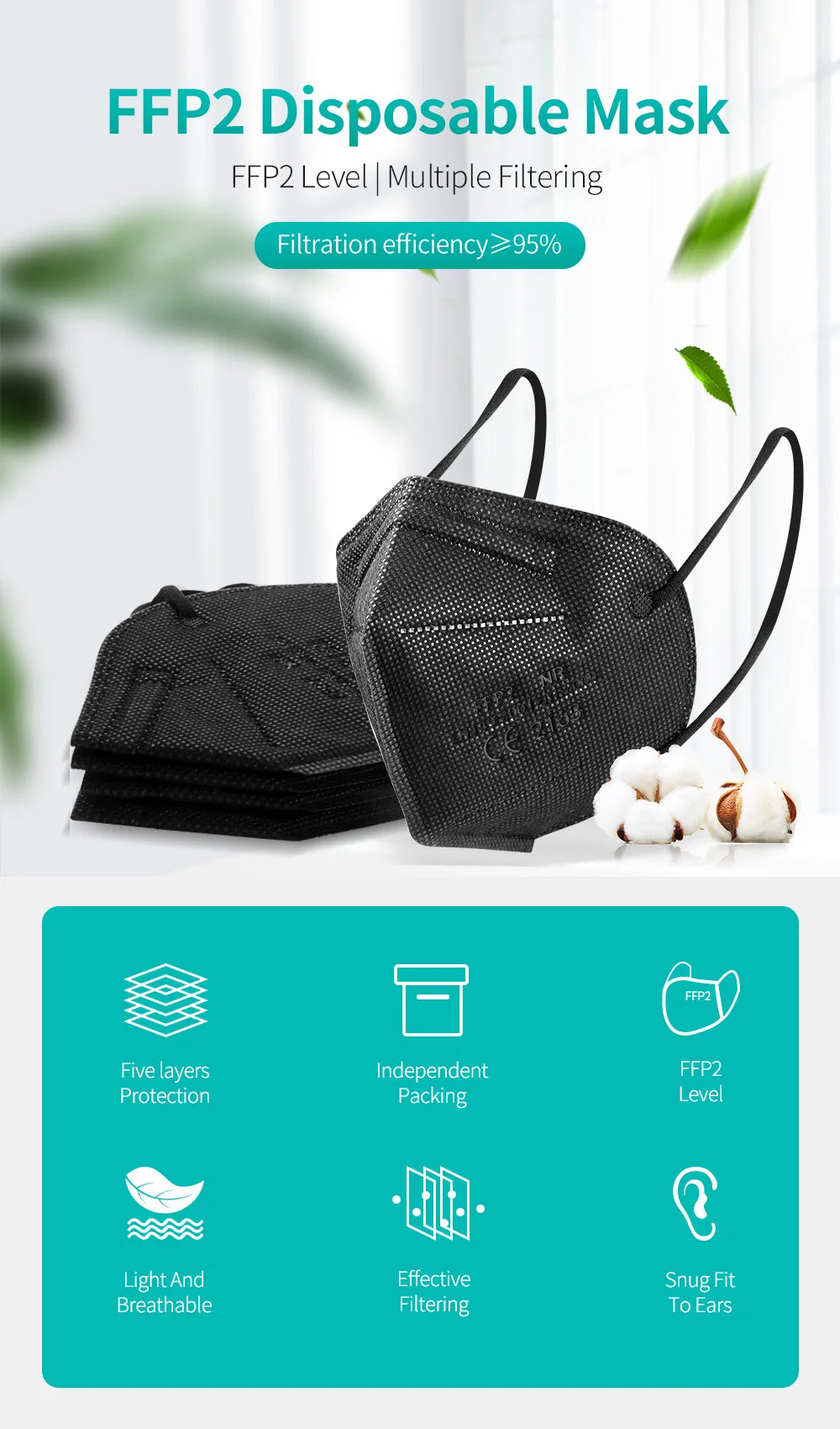 Black FFP2 KN95 face mask with a textured, 5-layer fabric design for high-efficiency filtration.