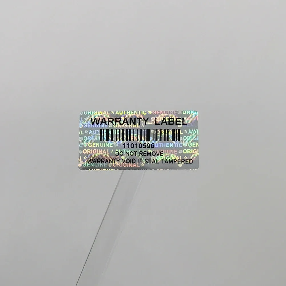 Holographic warranty void label sticker with barcode and serial number, pearlescent film