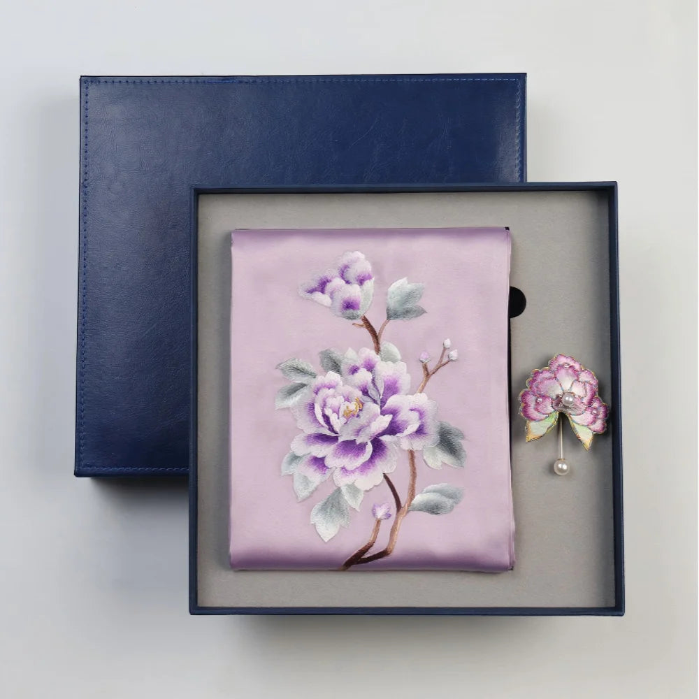 Classic Oriental Gift Set: Embroidered Silk Scarf with Brooch