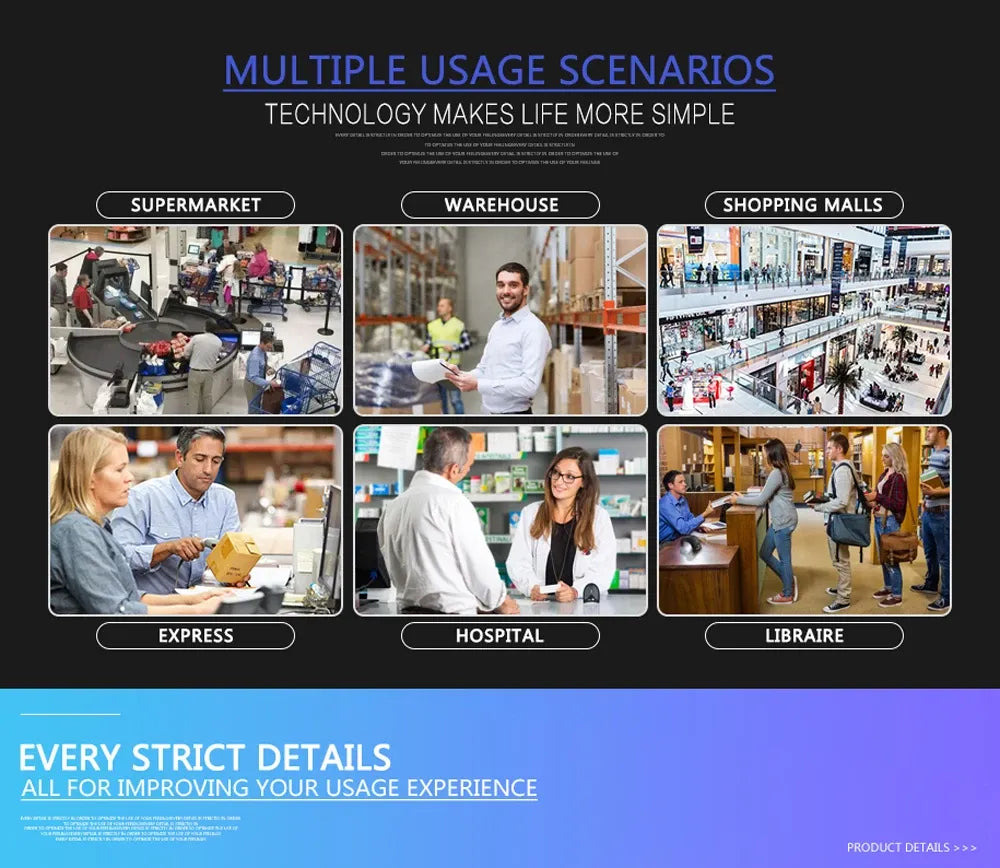 Barcode scanner in multiple retail use scenarios layout with labeled store types