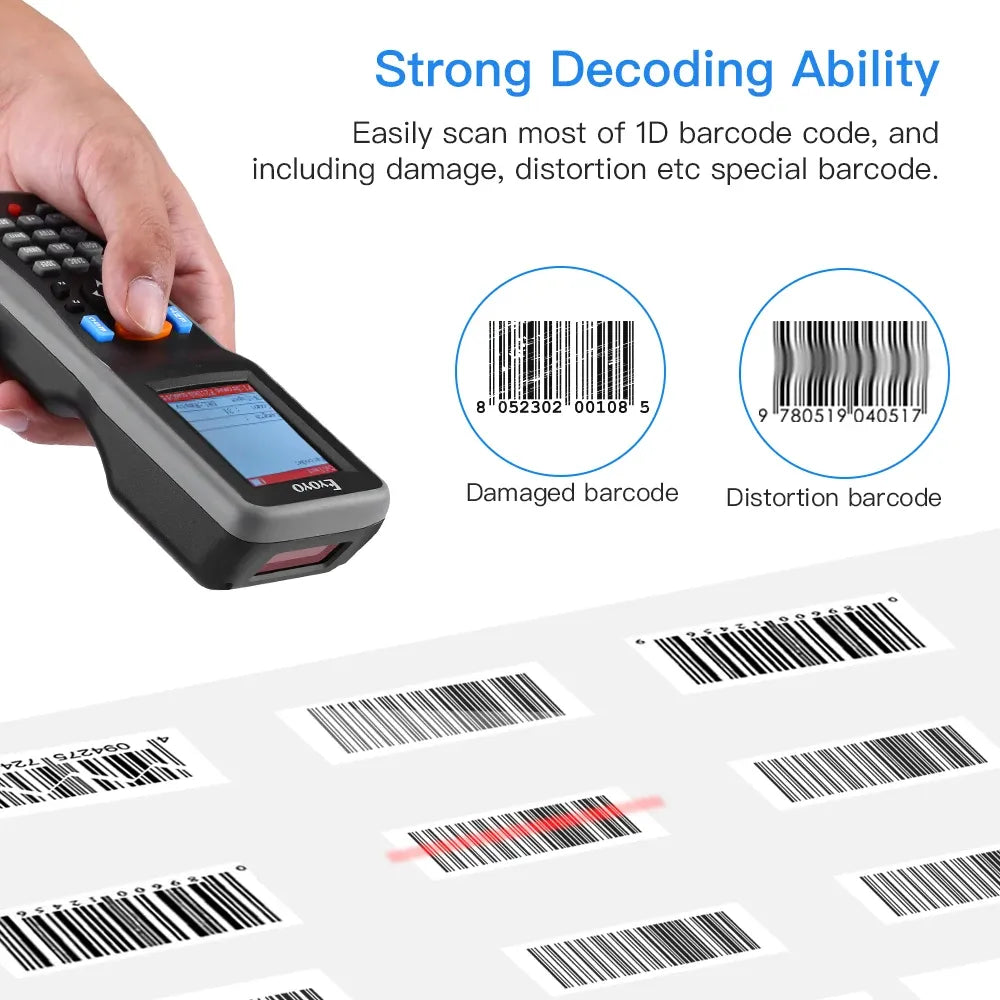 Handheld 1D barcode scanner with trigger and touchscreen, scanning barcodes