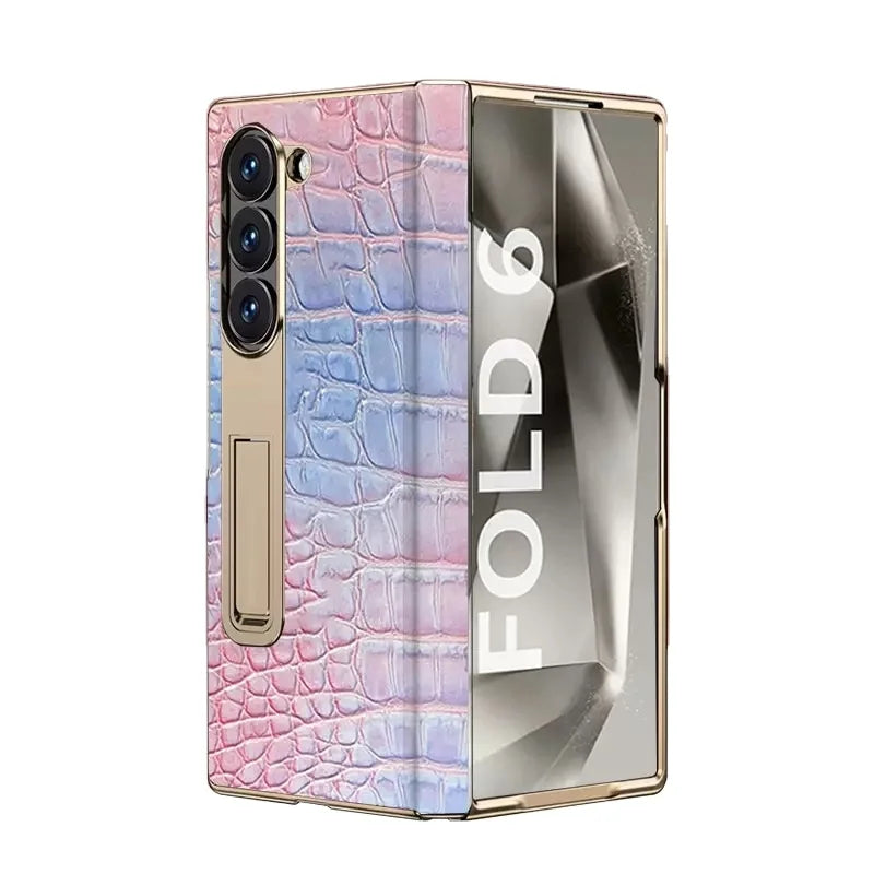 Gradient Colorful Crocodile Genuine Leather Electroplated Hinge Tempered Screen Protector for Samsung Galaxy ZFold 6 Z Fold 5 Tidesmit