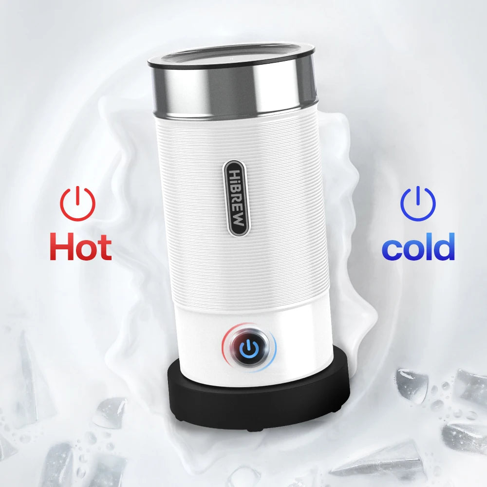 HiBREW white electric milk frother with stainless steel rim, hot and cold settings, and black base.