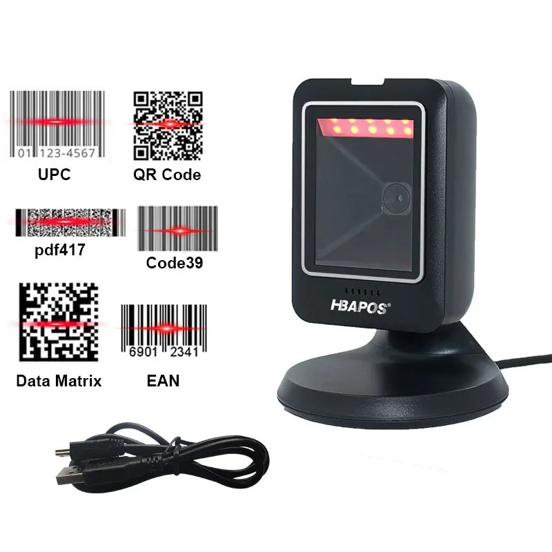 Black desktop barcode scanner with red scan indicator and HAPOS logo on front