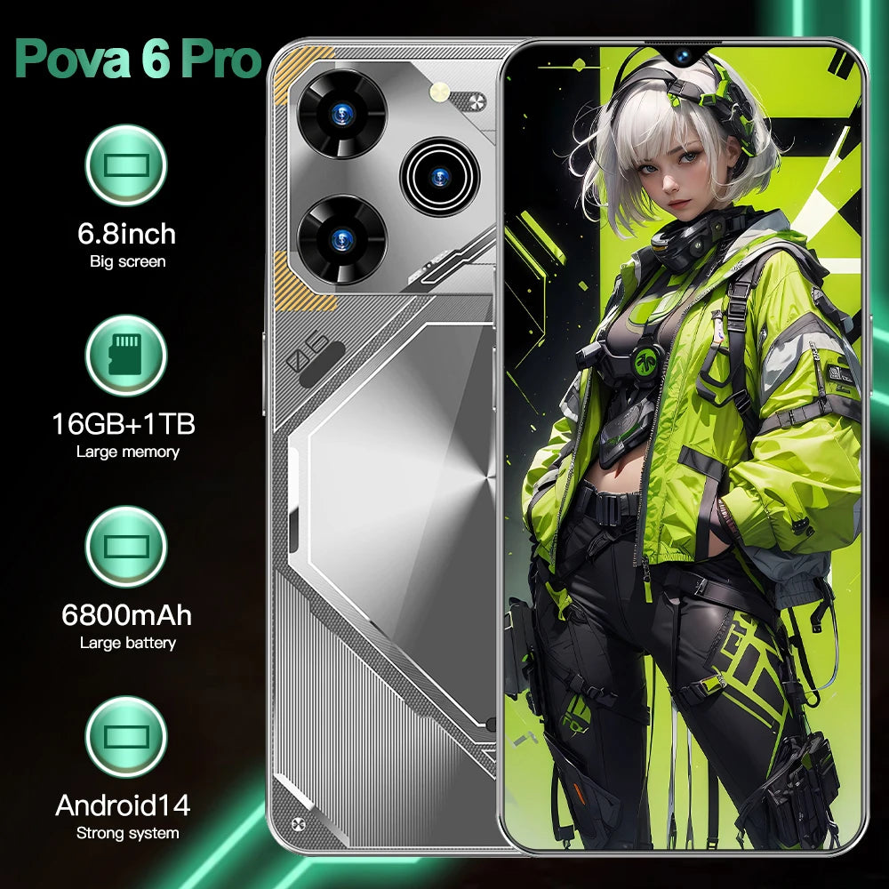 Unlocked Pova 6 Pro 5G Smartphone 16GB RAM 1TB ROM Long Battery Life Dual SIM Android Smart 5G Phone - Tidesmit