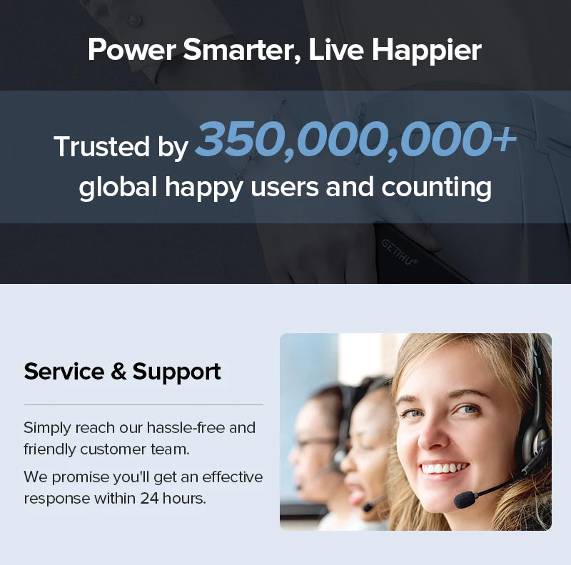 A customer service representative with a headset smiling, representing support for portable power bank products.