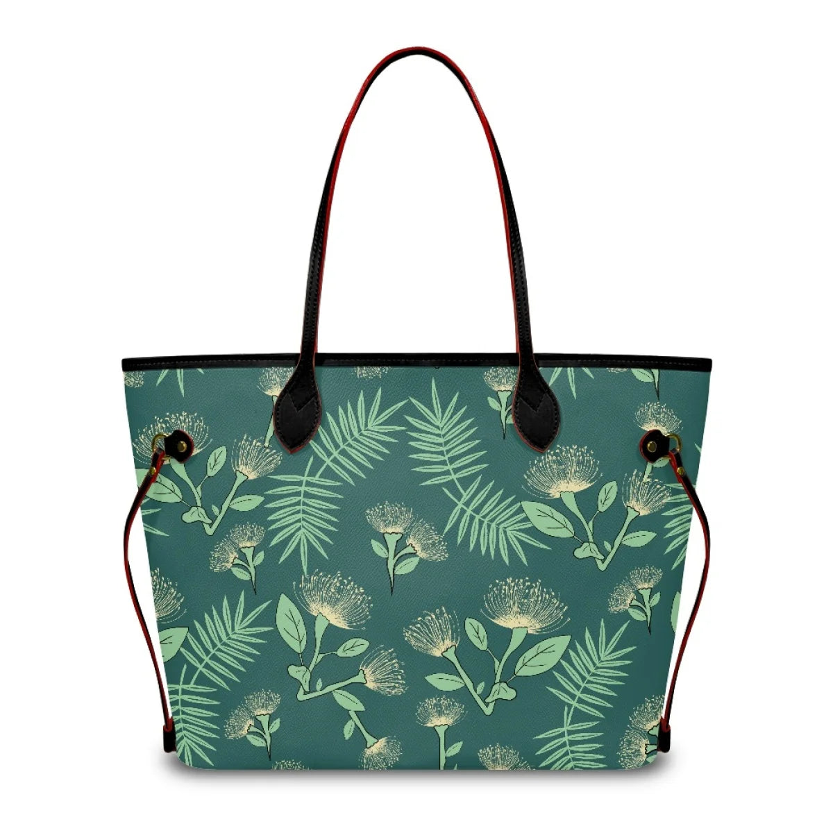 Designer luxury leather tote bag with teal green Ohia Lehua floral print, black handles, and red strap accents.