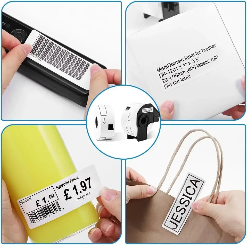 Black-on-white die-cut label tape in use, showing barcode and peel-off application