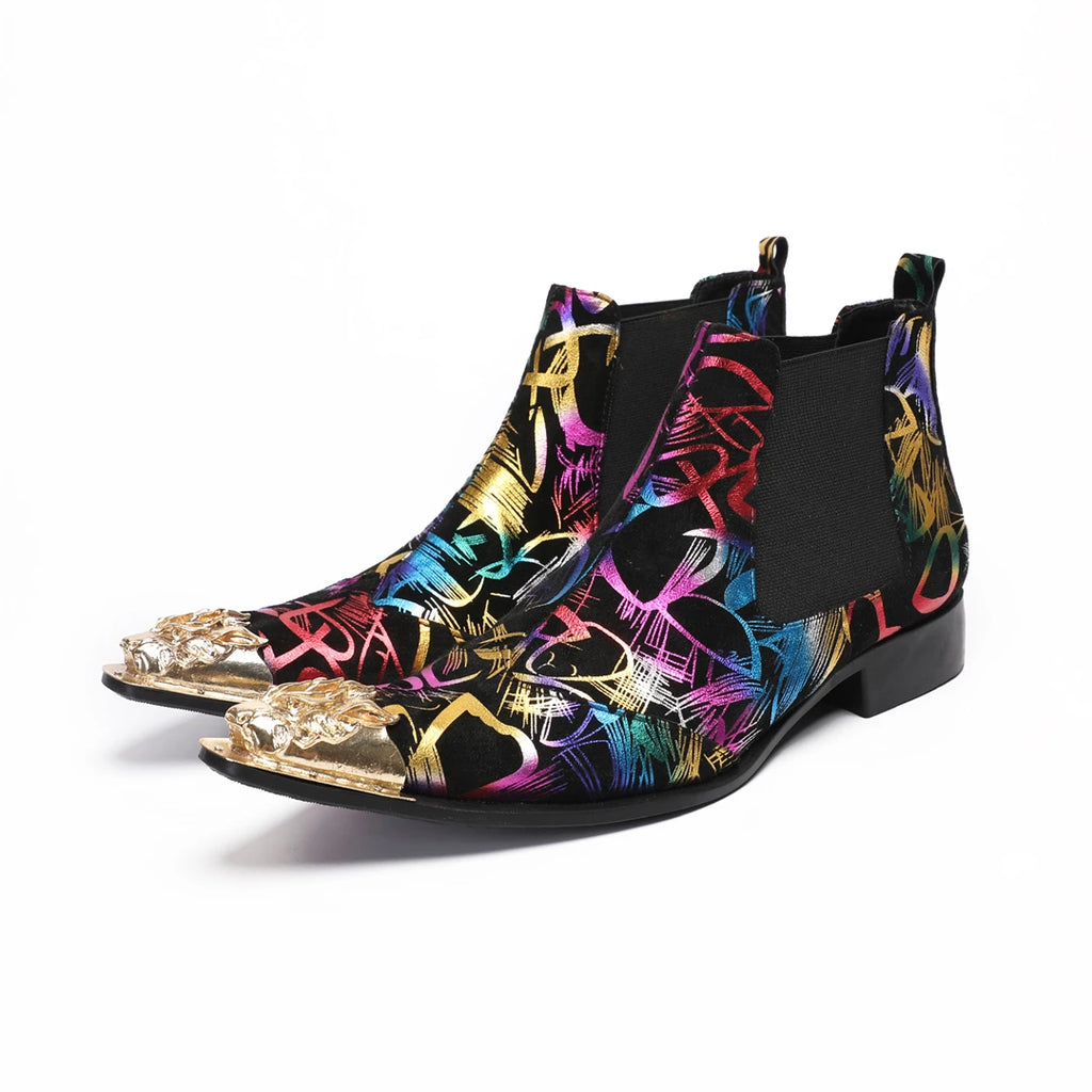 NA948 Pattern Boots for Men Metal Decor Leather Western Men's Boots Street Style Man Shoes