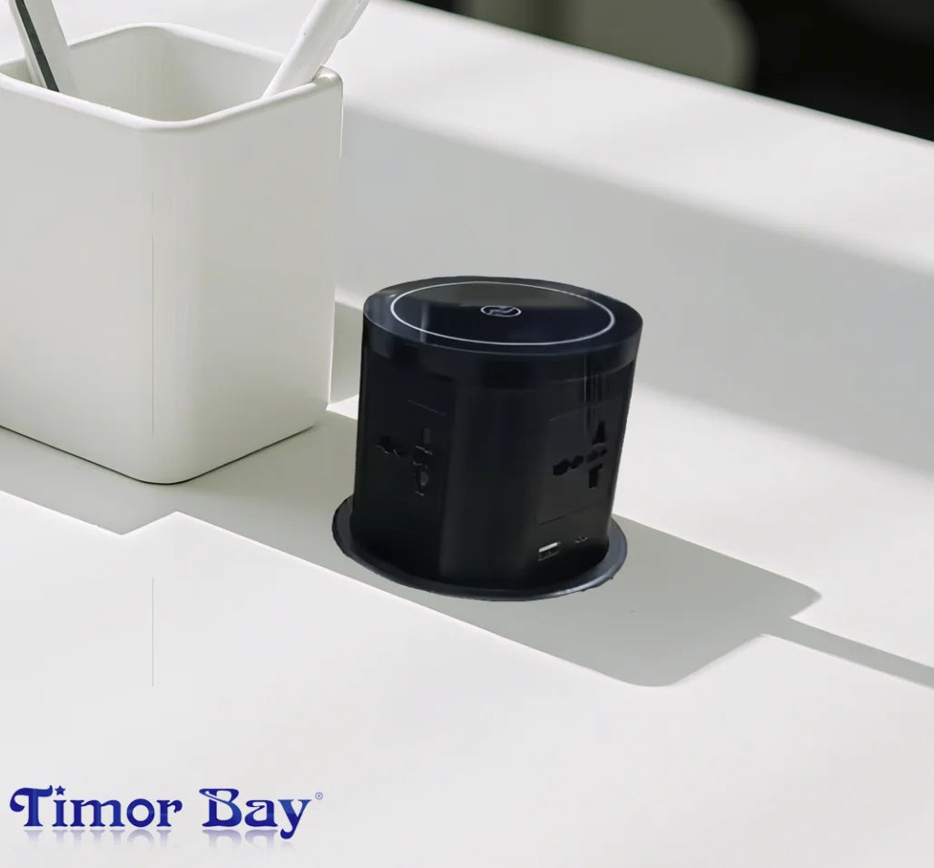 Pneumatic Lifting Desktop Socket with 5 EU UK AC Outlets Wireless Charging USB Charging Hidden Desk Top Socket Black Tidesmit