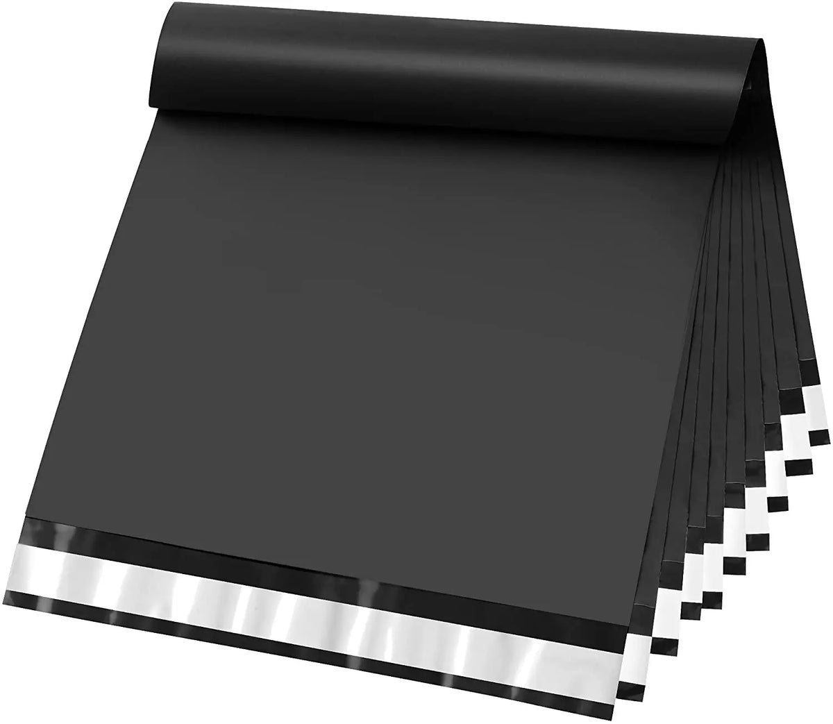 Black poly mailer bags stack with silver strip seal