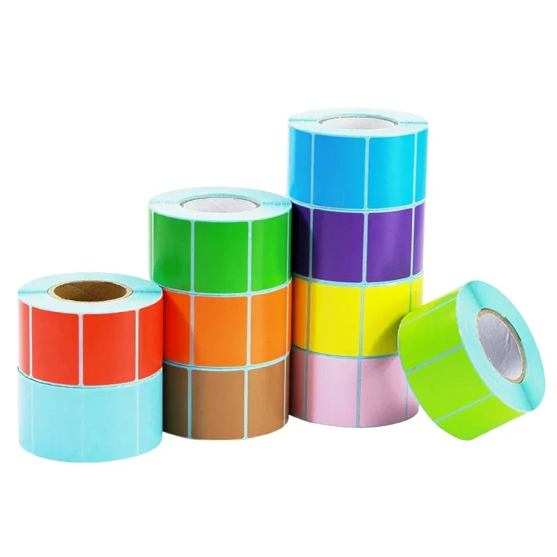 Mixed-color roll of direct thermal adhesive labels, multiple label sheets on cores