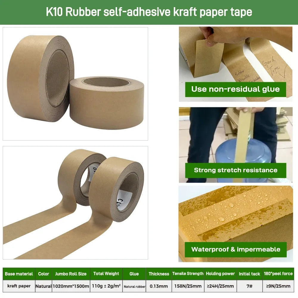 Brown self-adhesive kraft paper tape rolls with loose sealing strip