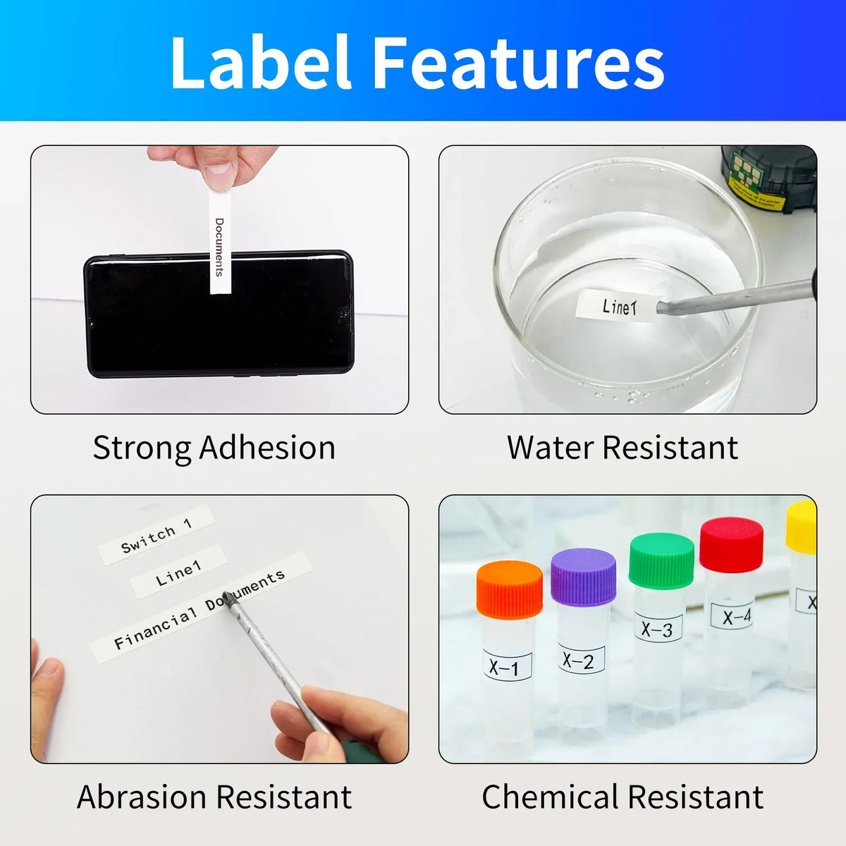 Label feature card showing printed label samples including water- and chemical-resistant use