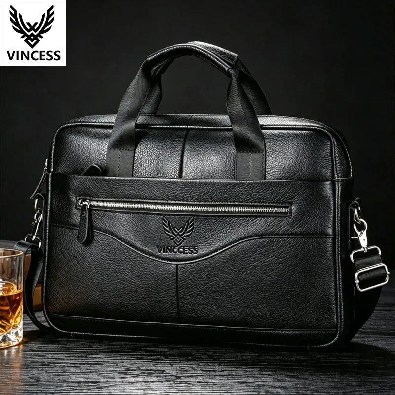 VINCESS black genuine leather executive laptop briefcase with zipper closure, adjustable strap, and embossed logo.