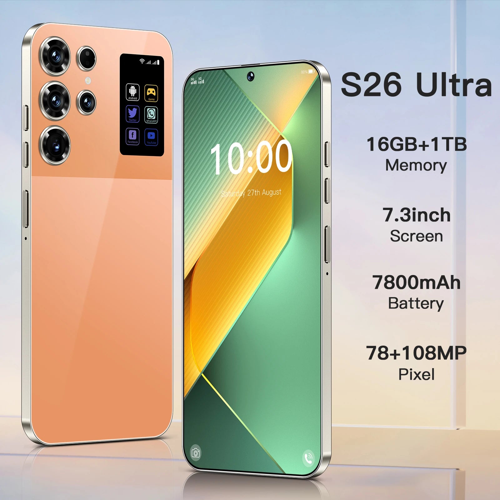 Android 5G Smartphone 7.3-inch Display 1TB Storage 16GB RAM Green Orange 16g 1TB Tidesmit