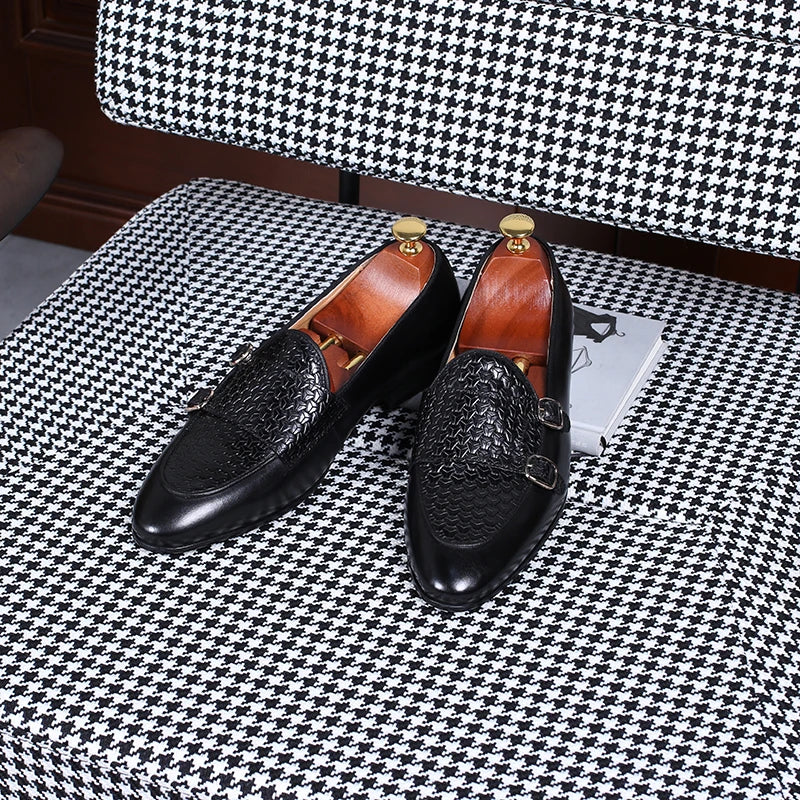 Italian Men Embossed Basketweave Genuine Leather Dress Shoes Hand Burnished Patina Formal Office