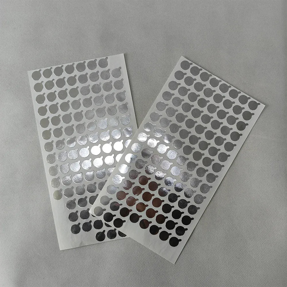 Aluminum seal stickers, round metallic dots on sheets, multiple size options