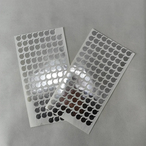 Aluminum seal stickers, round metallic dots on sheets, multiple size options