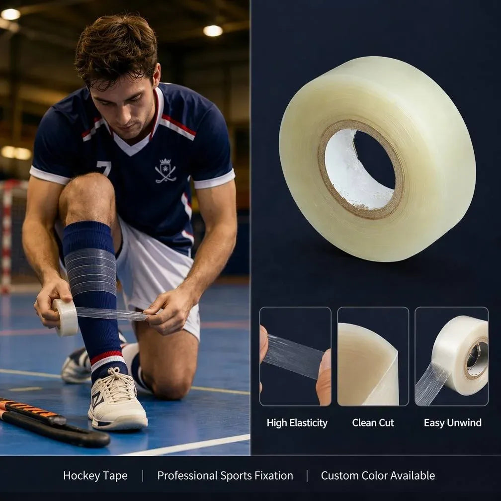 Pale yellow sports shin pad fixation tape roll with clear core opening