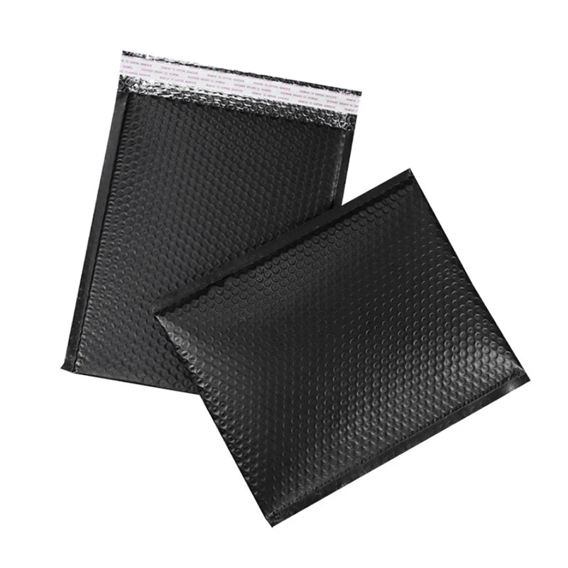 Black bubble mailers, two stacked waterproof padded shipping bags