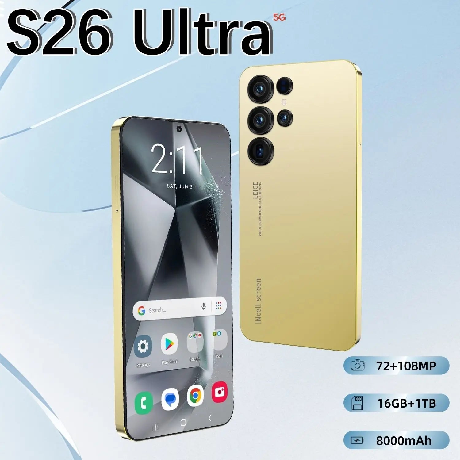 2025 S26 Ultra Android 15 5G smartphone with 7.3-inch HD screen and 108MP camera in sleek design