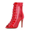9.5cm Red Dance Heels Latin Boots Open Toe Ballroom Swing Performance Jazz Bachatas Dancing Shoes for Women