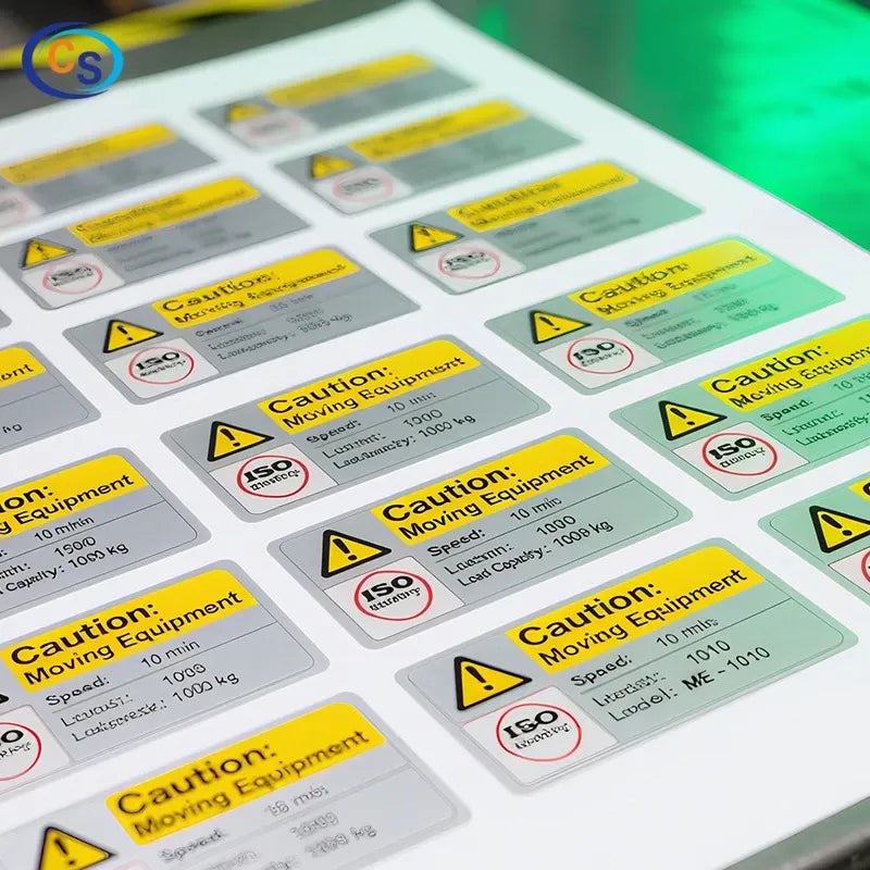 Green and yellow caution label stickers with icons and maintenance text