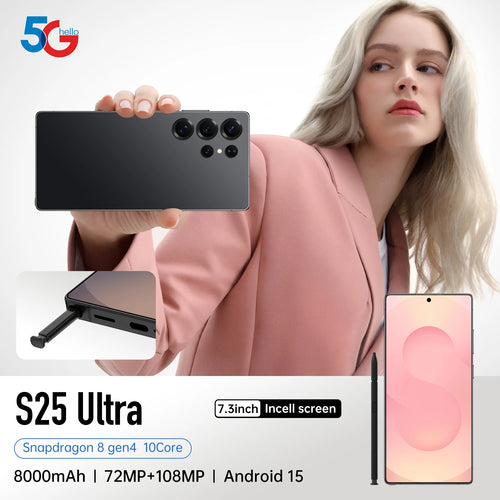 Tidesmit S25 Ultra 5G smartphone featuring a 7.3 inch 144Hz HD display and 108MP camera in sleek used design.