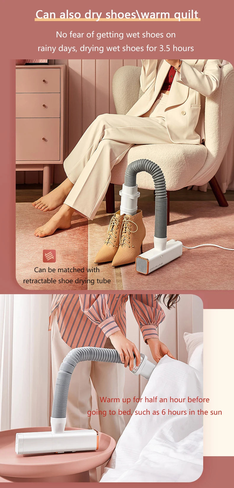 Tidesmit portable retractable clothes dryer and shoe drying machine with folding hanger and quilt heating feature