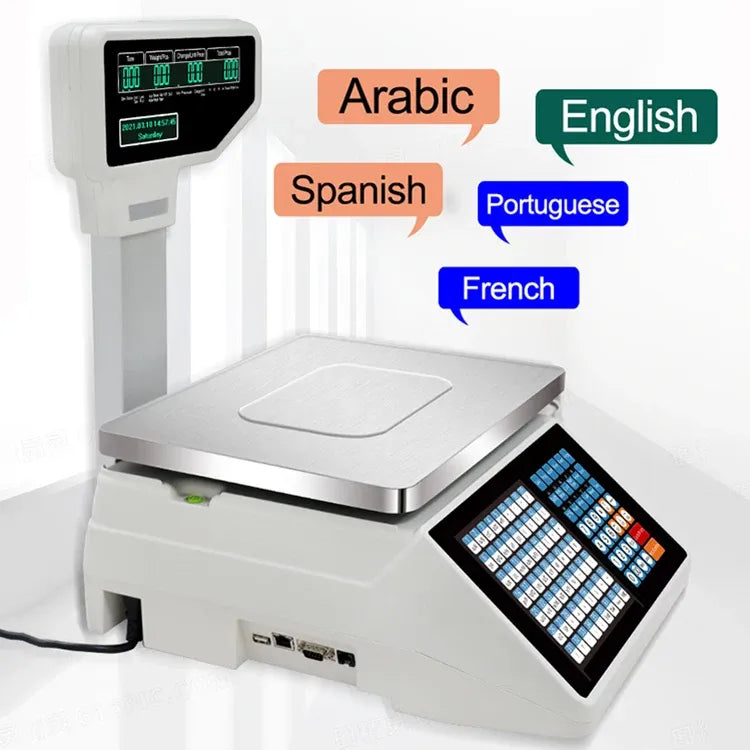Electronic price printing scale with display showing multi-language options