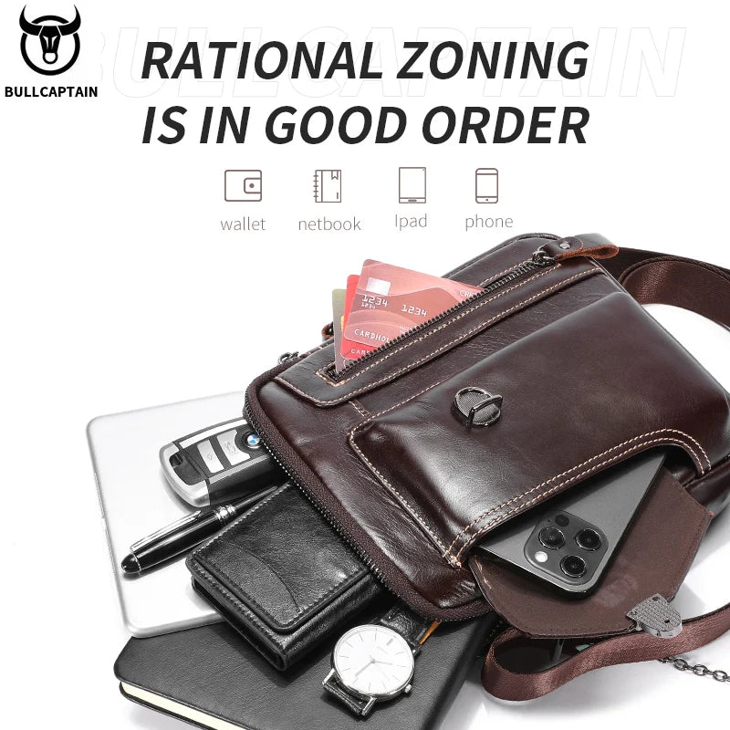 BULLCAPTAIN Genuine Cowhide Leather Men's Crossbody Bag - Vintage Top Layer Cow Leather Sling Bag, Single Shoulder Handbag