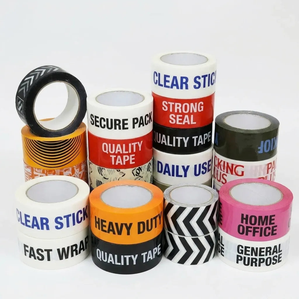 Assorted packing tape rolls with bold text and colored cores, clear and black tape