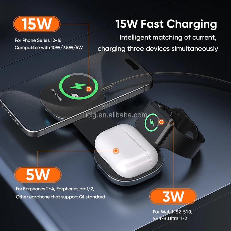 Multifunctional 3in1 Desktop Charging Stand Mobile Phone Earphone Watch Magnetic Wireless Charger Tidesmit